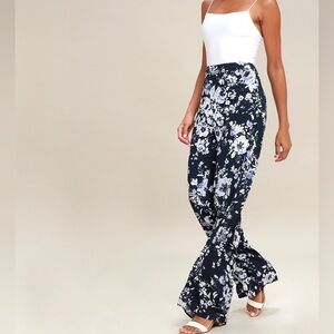 Lulus Navy Floral Print Wide-Leg Pant